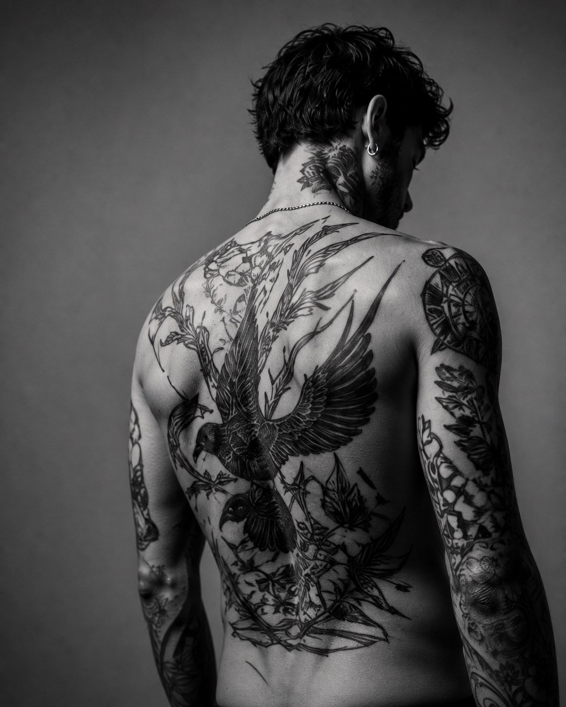 Tattooed person photographed from behind