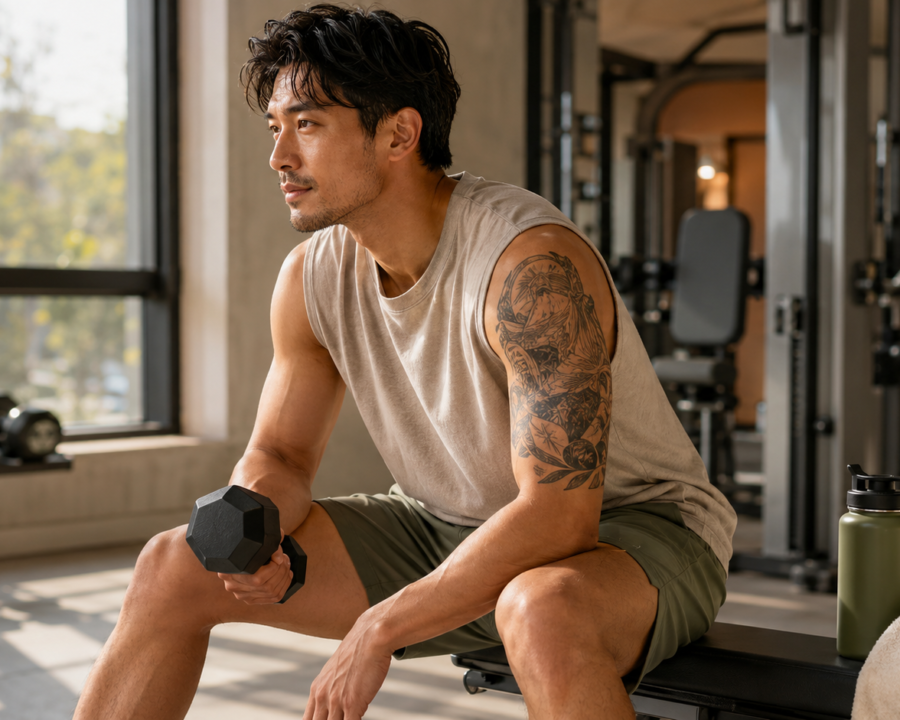 Man working out at the gym after a tattoo, with healed ink visible on his arm