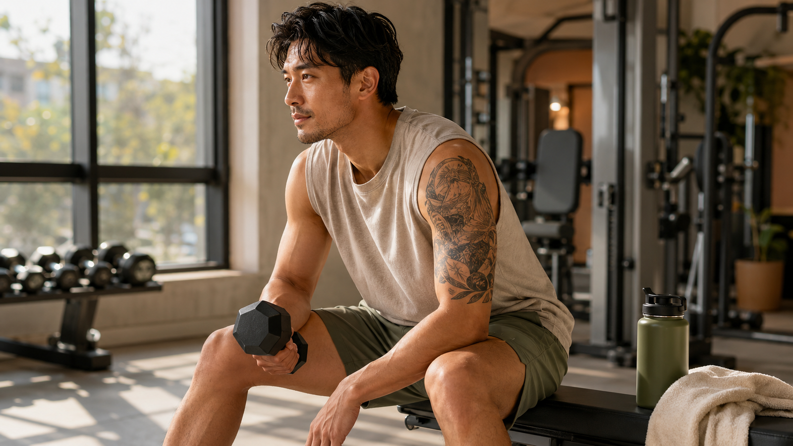 Man working out at the gym after a tattoo, with healed ink visible on his arm