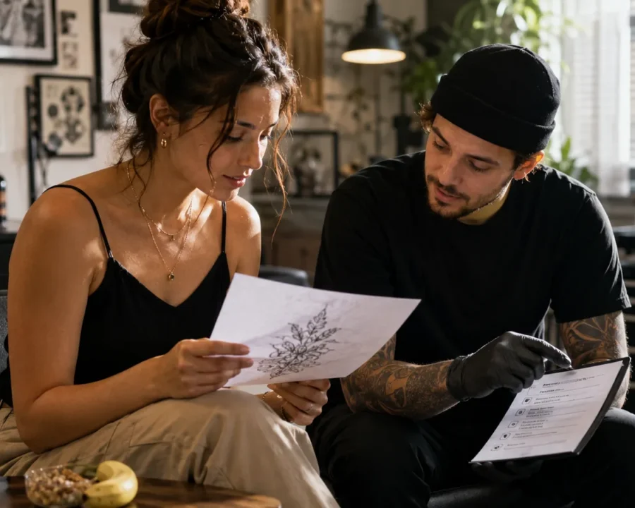 Client learning how to prepare for a tattoo appointment