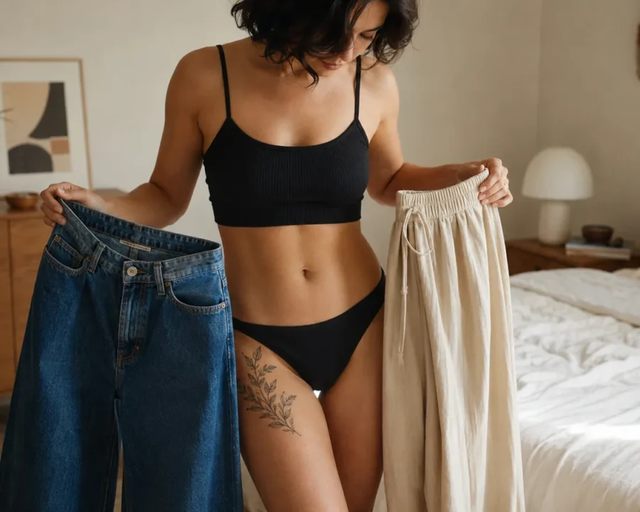 Loose clothing selected instead of tight jeans over a new thigh tattoo