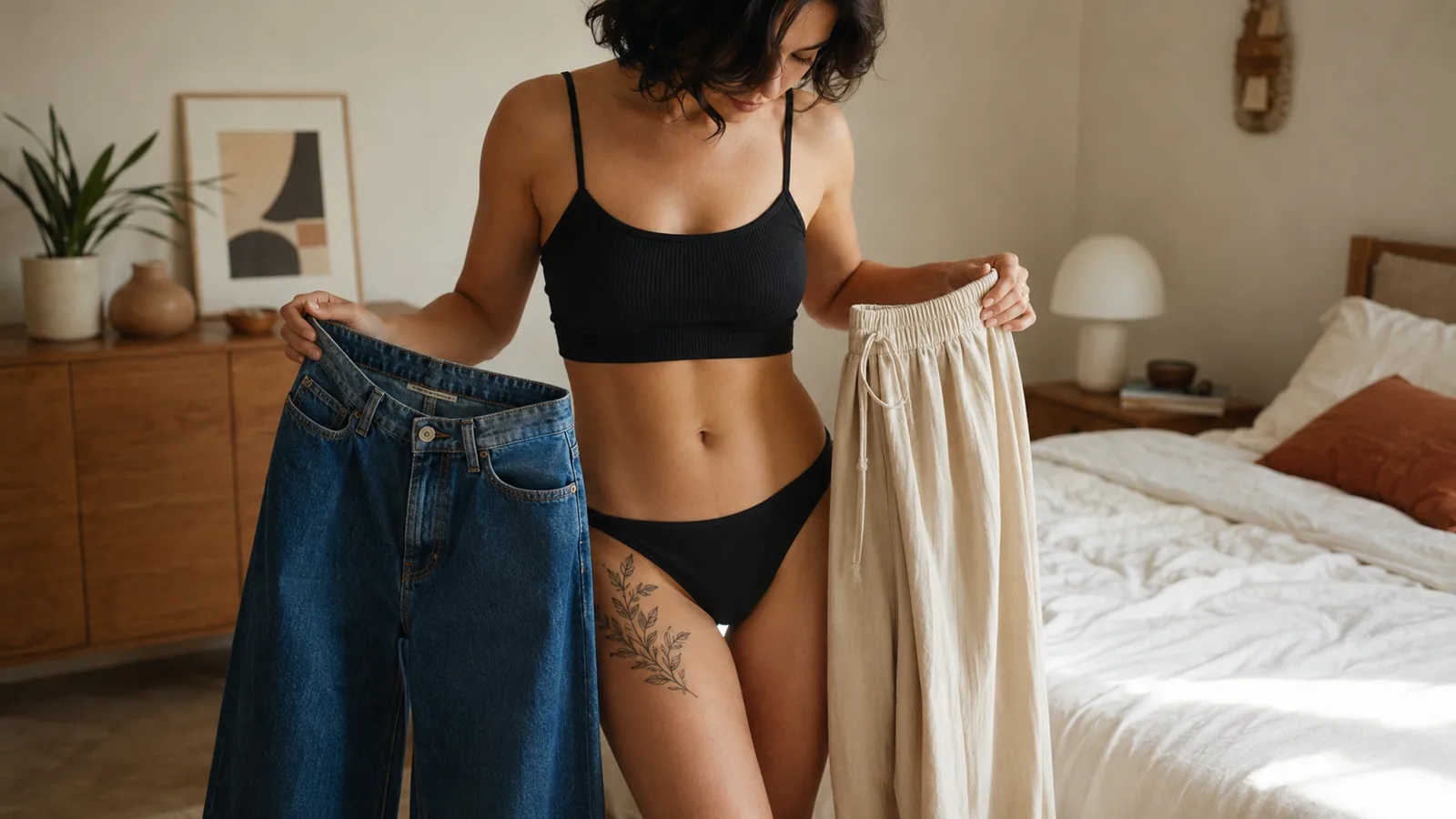 Loose clothing selected instead of tight jeans over a new thigh tattoo
