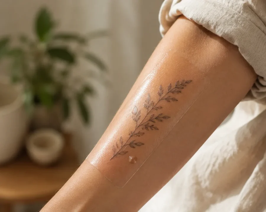 Small air bubble trapped under second skin film over a healing tattoo