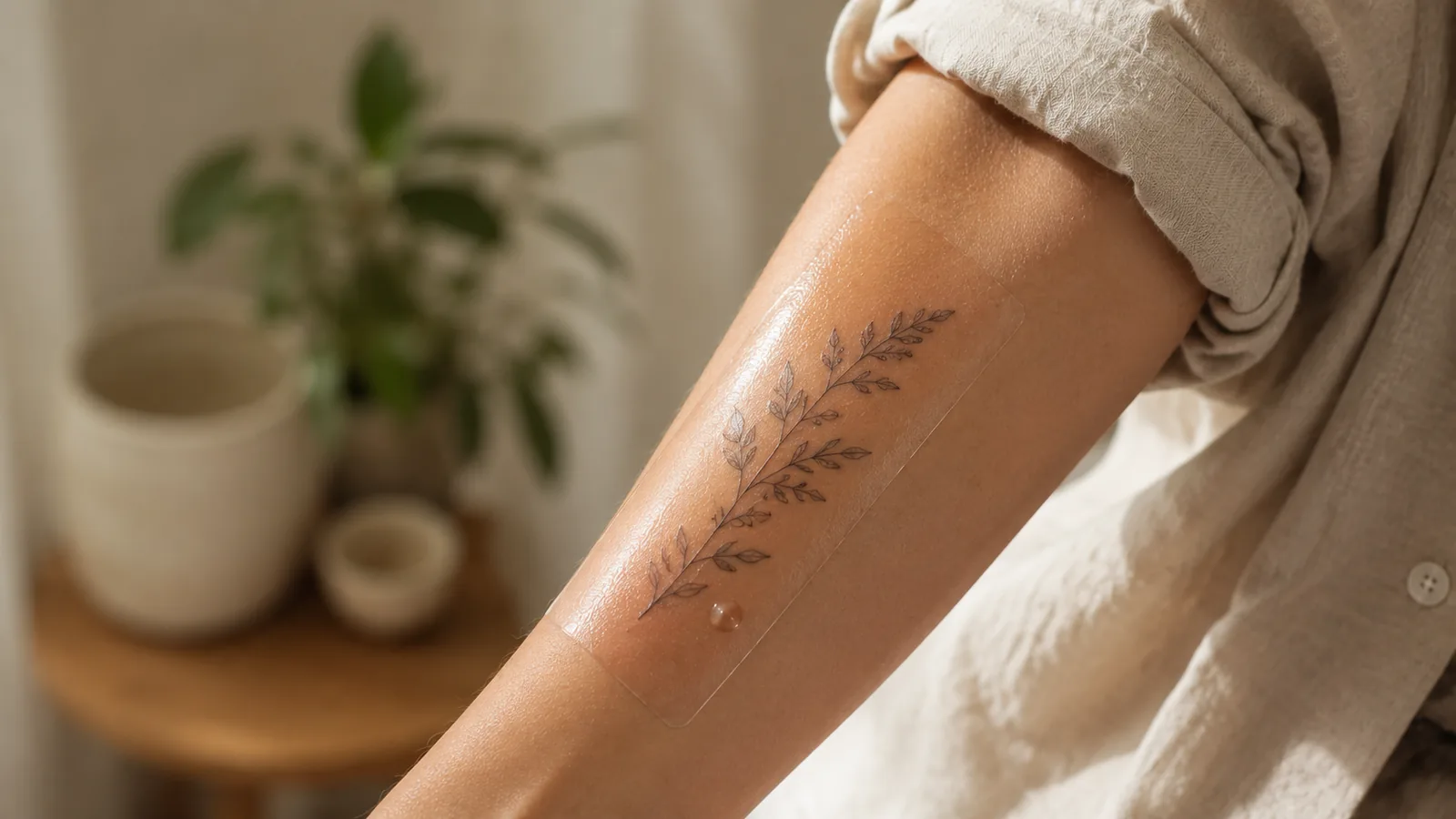 Small air bubble trapped under second skin film over a healing tattoo