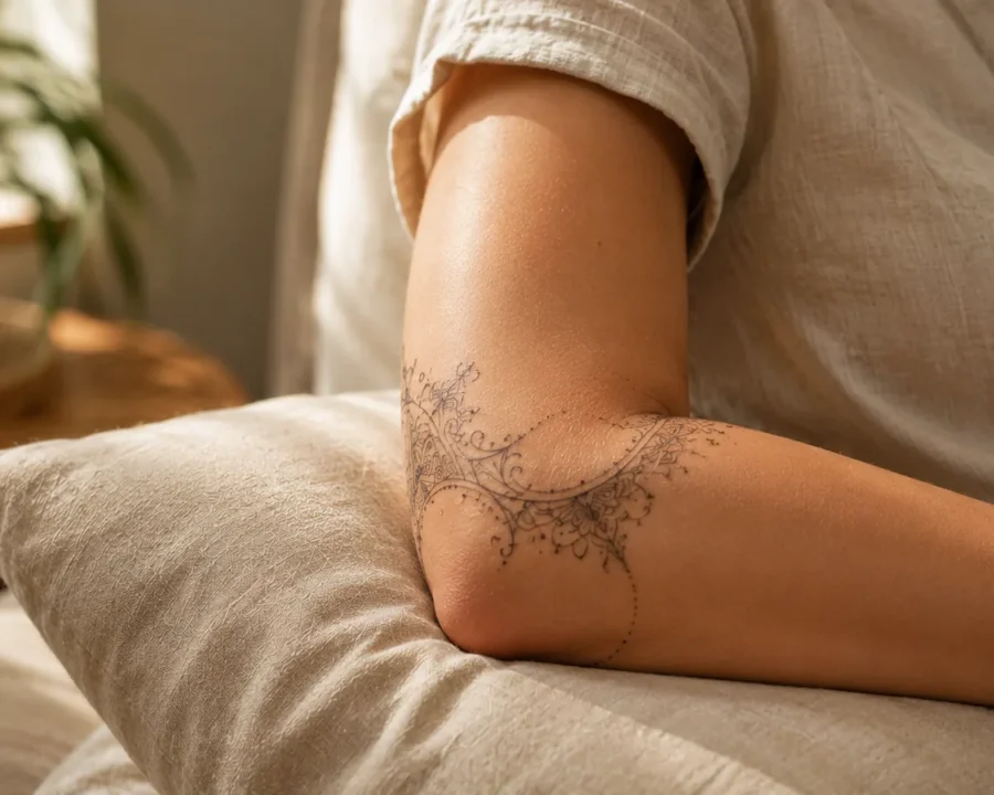 Healing elbow tattoo shown while the arm is gently bent