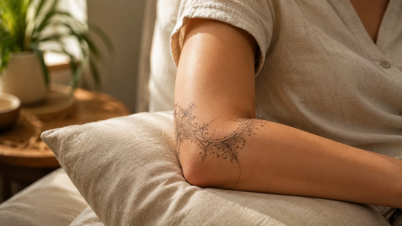 Healing elbow tattoo shown while the arm is gently bent
