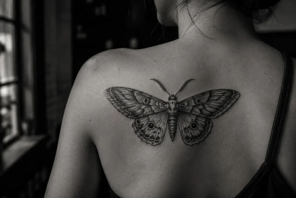 Animal tattoo idea featuring a detailed moth across the upper back
