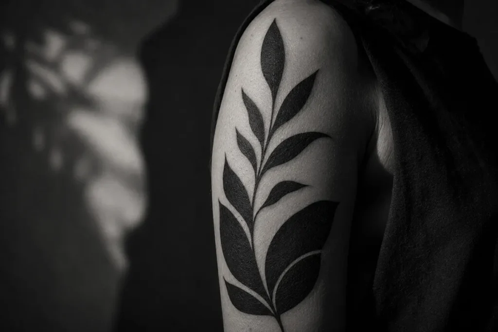 Bold blackwork tattoo idea with a solid botanical leaf design on the upper arm