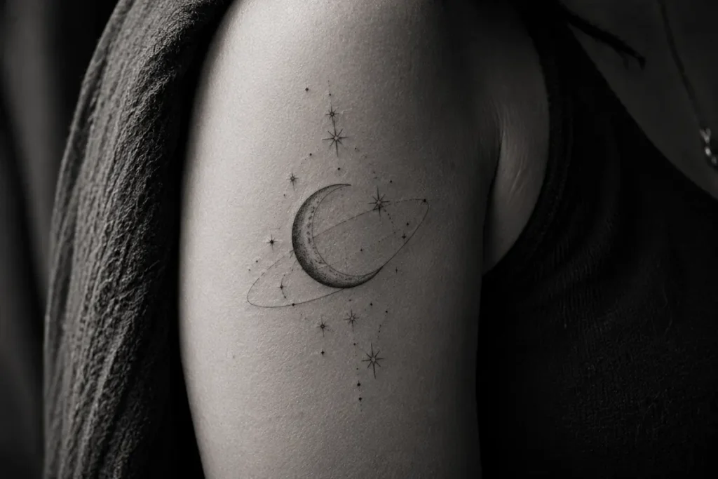 Celestial tattoo idea with a crescent moon and stars on the upper arm