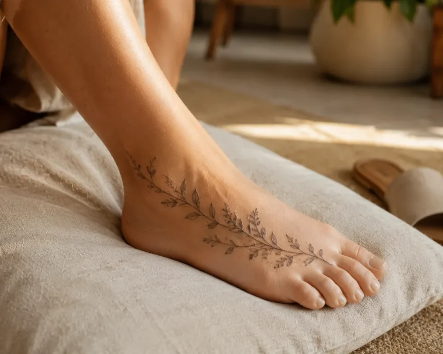 Fresh foot tattoo resting beside loose open footwear during healing