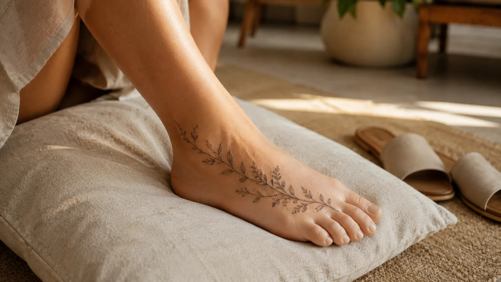 Fresh foot tattoo resting beside loose open footwear during healing