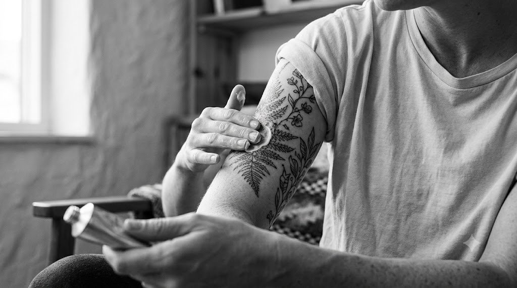 Why is my tattoo itchy? Person touching a healing upper-arm tattoo