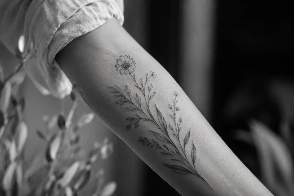 Tattoo ideas featuring a fine-line botanical flower design on the arm