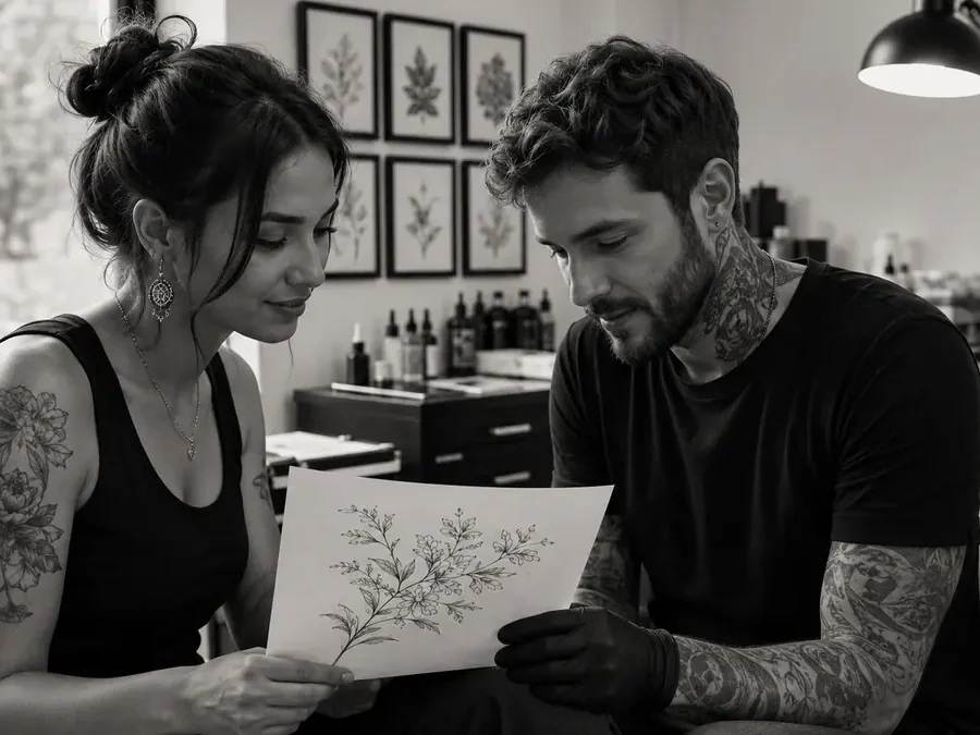 Client discussing her first tattoo design with a professional tattoo artist
