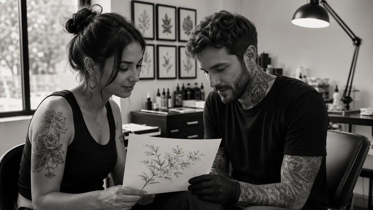 Client discussing her first tattoo design with a professional tattoo artist