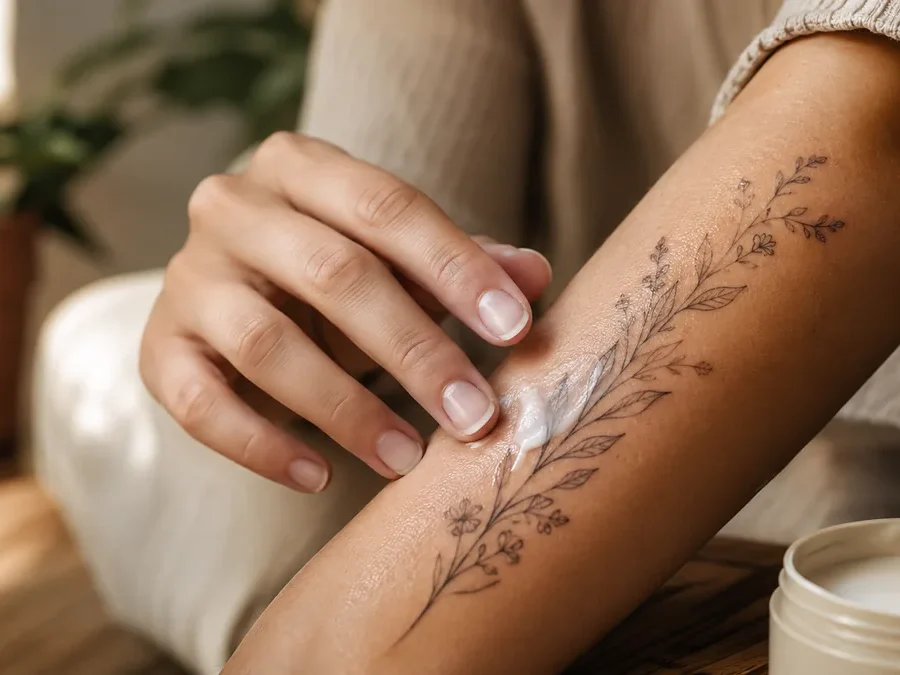 Applying a thin layer of moisturizer to a new tattoo