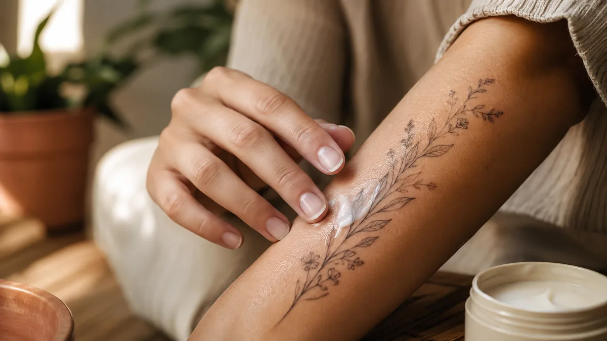 Applying a thin layer of moisturizer to a new tattoo