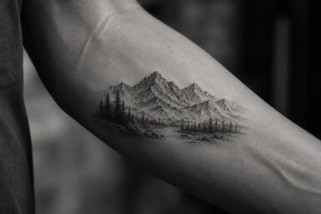Micro-realism tattoo idea featuring a detailed mountain landscape on the forearm