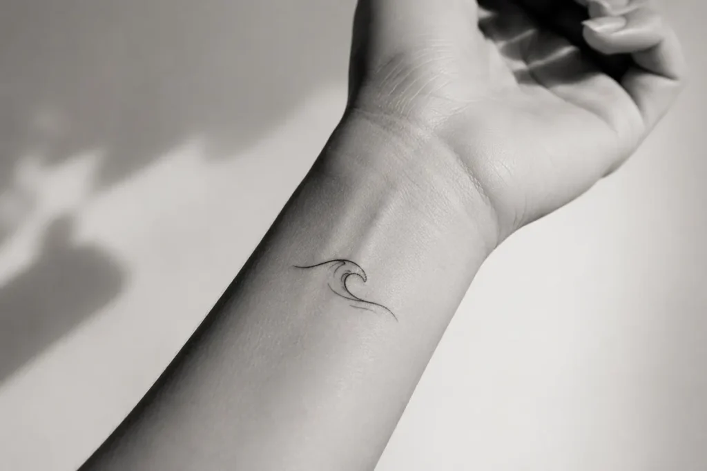 Minimal symbol tattoo idea with a small abstract line design on the wrist