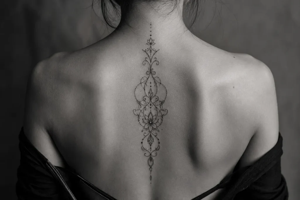Ornamental tattoo idea with a symmetrical design along the upper back and spine
