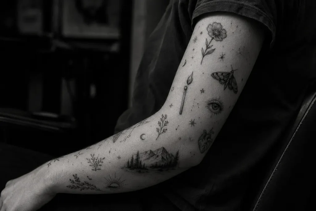 Patchwork tattoo ideas arranged across the forearm in a consistent black ink style