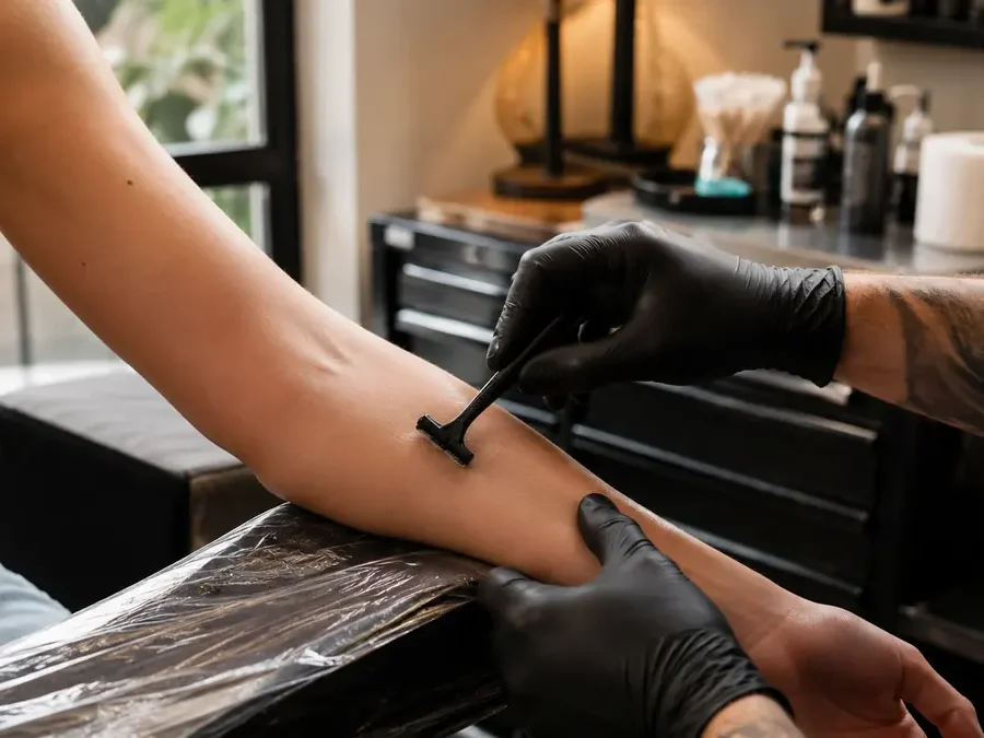 Tattoo artist shaving a client’s forearm before a tattoo appointment