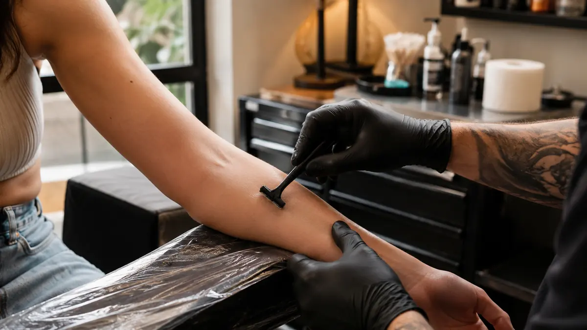 Tattoo artist shaving a client’s forearm before a tattoo appointment