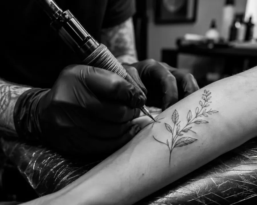 Tattoo aftercare guide showing an artist creating a botanical forearm tattoo