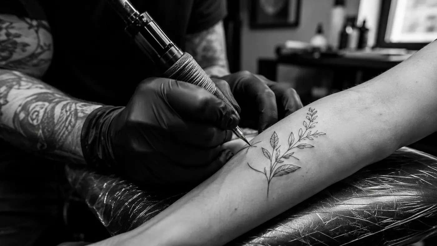 Tattoo aftercare guide showing an artist creating a botanical forearm tattoo