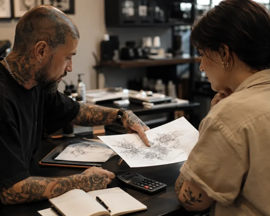 Tattoo artist discussing tattoo prices and design costs with a client