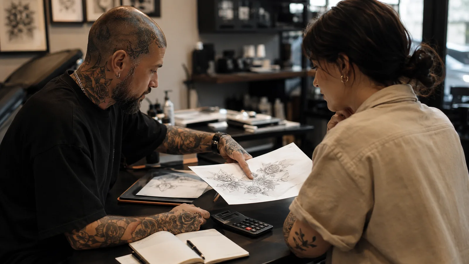 Tattoo artist discussing tattoo prices and design costs with a client