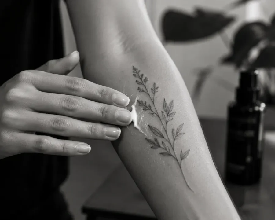 Tattoo healing stages with moisturizer applied to a botanical forearm tattoo