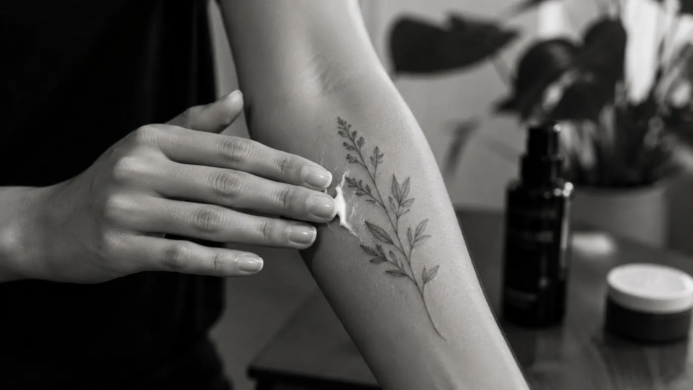 Tattoo healing stages with moisturizer applied to a botanical forearm tattoo