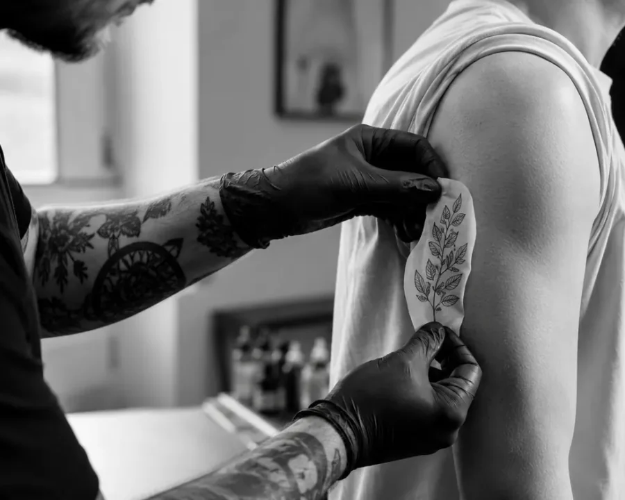 Tattoo artist positioning a stencil for a tattoo placement guide