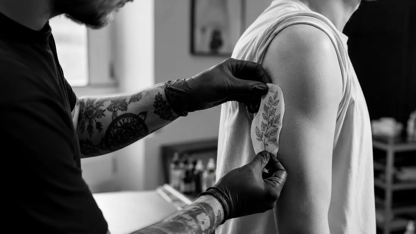 Tattoo artist positioning a stencil for a tattoo placement guide