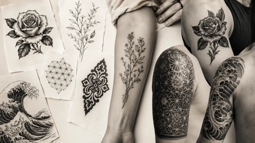 Examples of popular tattoo styles in an editorial composition