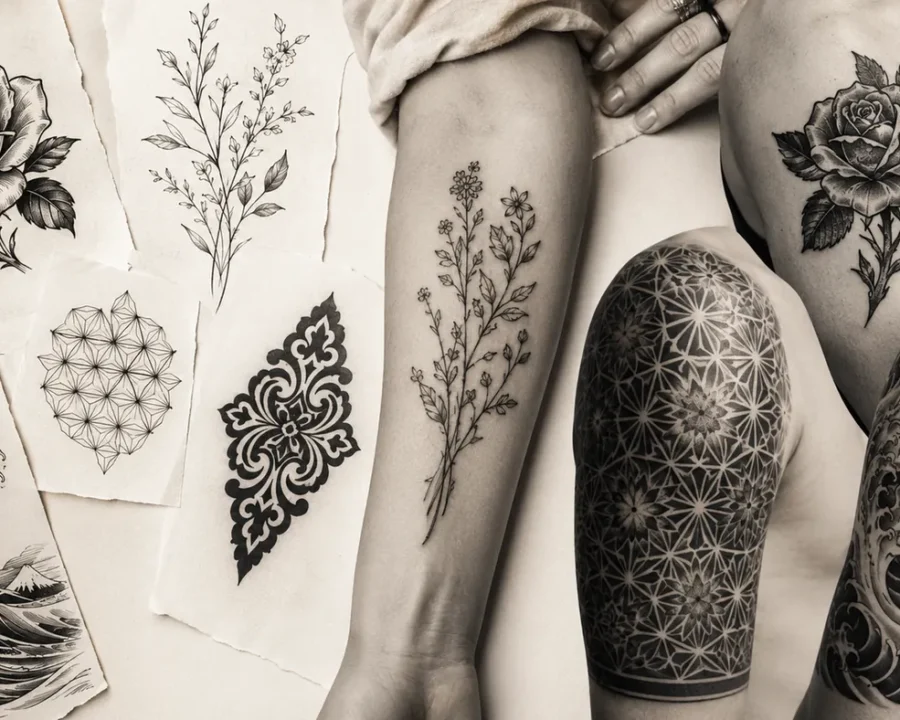 Tattoo placement examples for the arm, back, ribs and leg