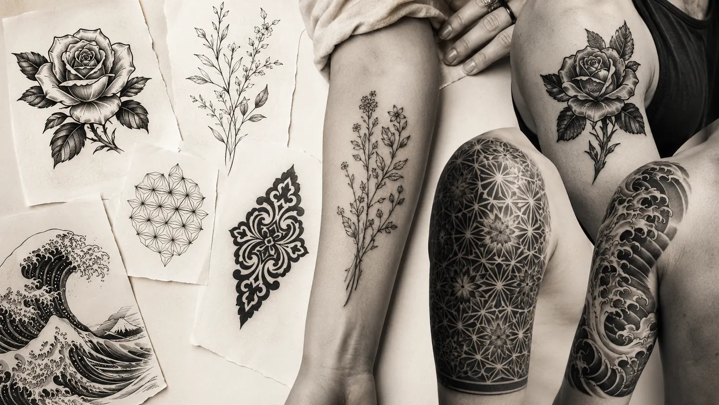 Tattoo placement examples for the arm, back, ribs and leg