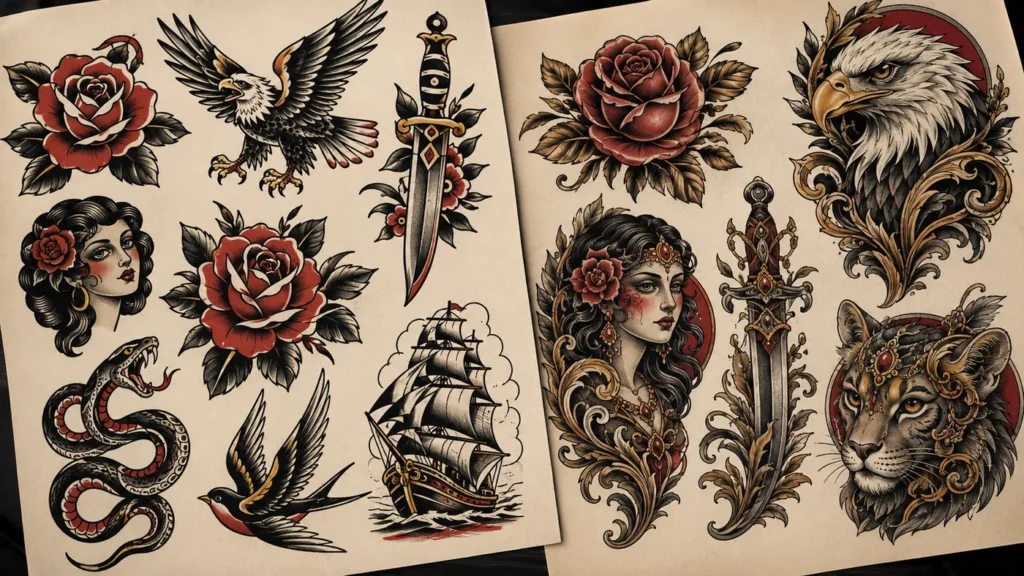 American traditional and neo-traditional tattoo style examples