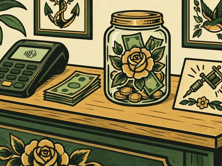 Illustration of a tattoo studio counter with a card payment terminal, banknotes and a glass tip jar