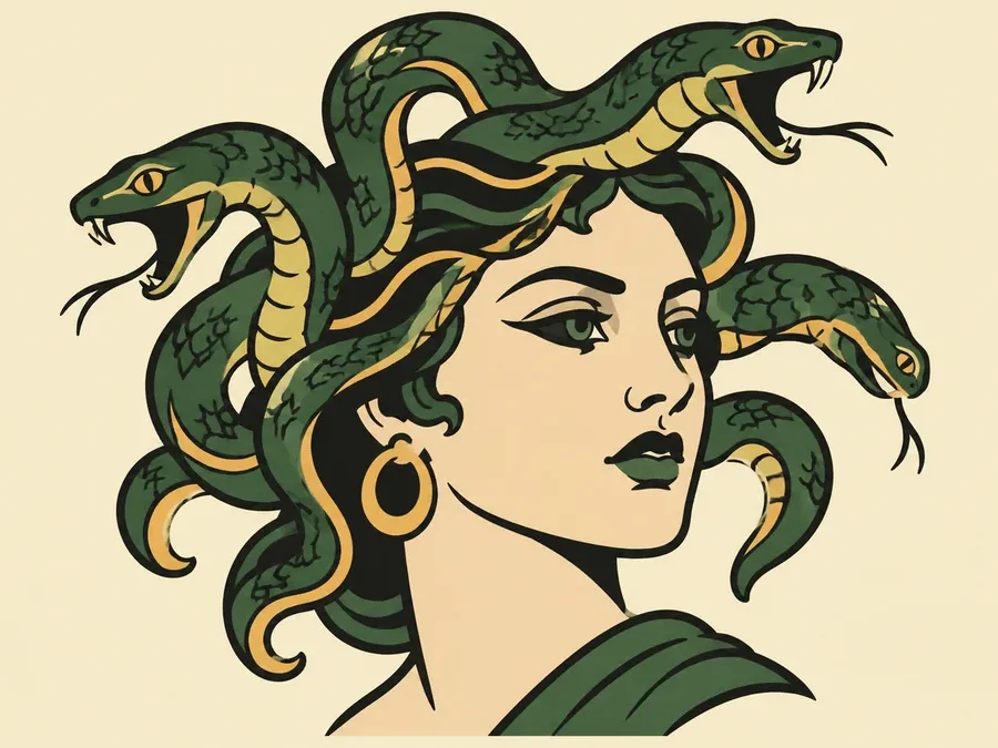 Neo-traditional tattoo flash illustration of Medusa in three-quarter profile with a crown of green and gold snakes