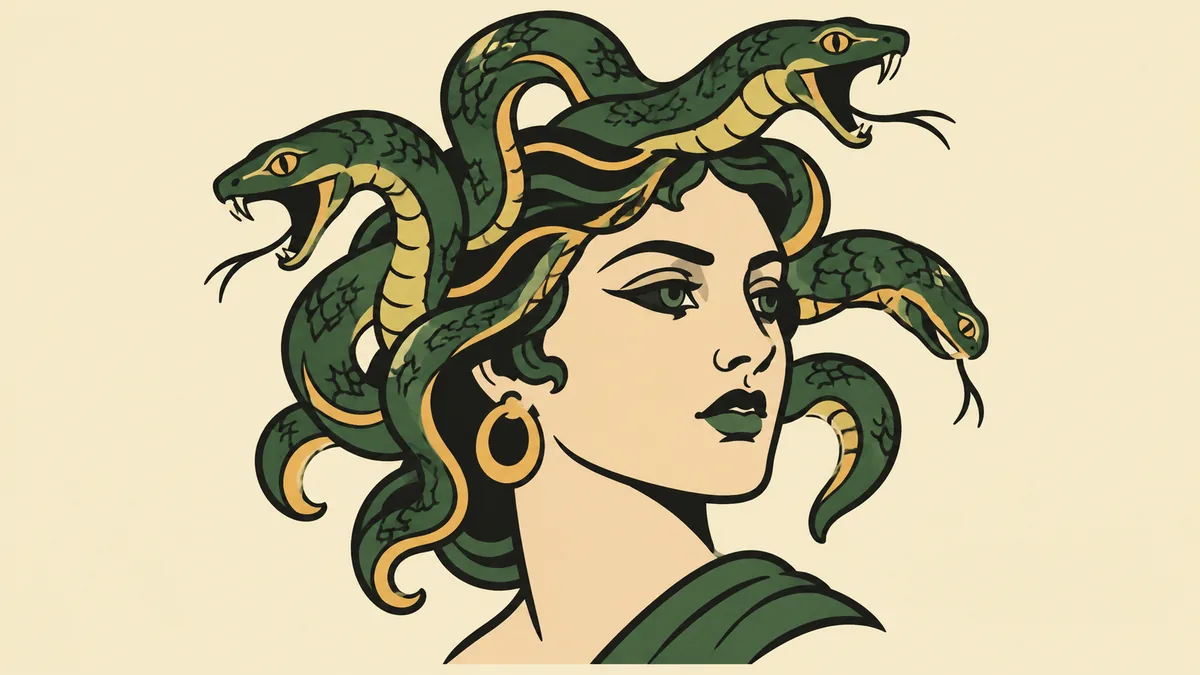 Neo-traditional tattoo flash illustration of Medusa in three-quarter profile with a crown of green and gold snakes
