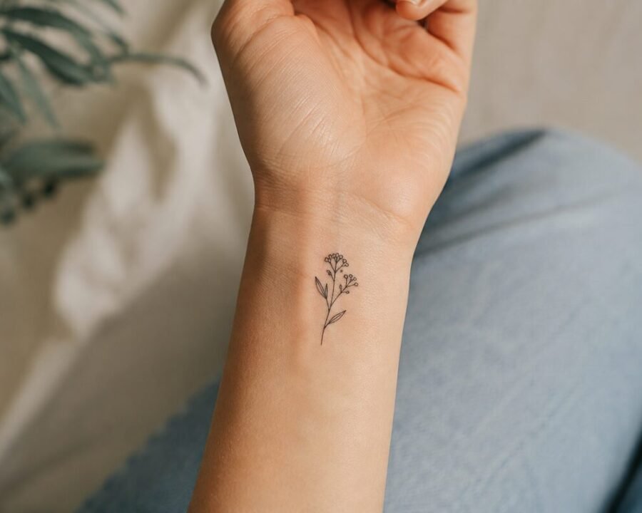 Wrist tattoo aftercare showing healed fine-line design on inner wrist