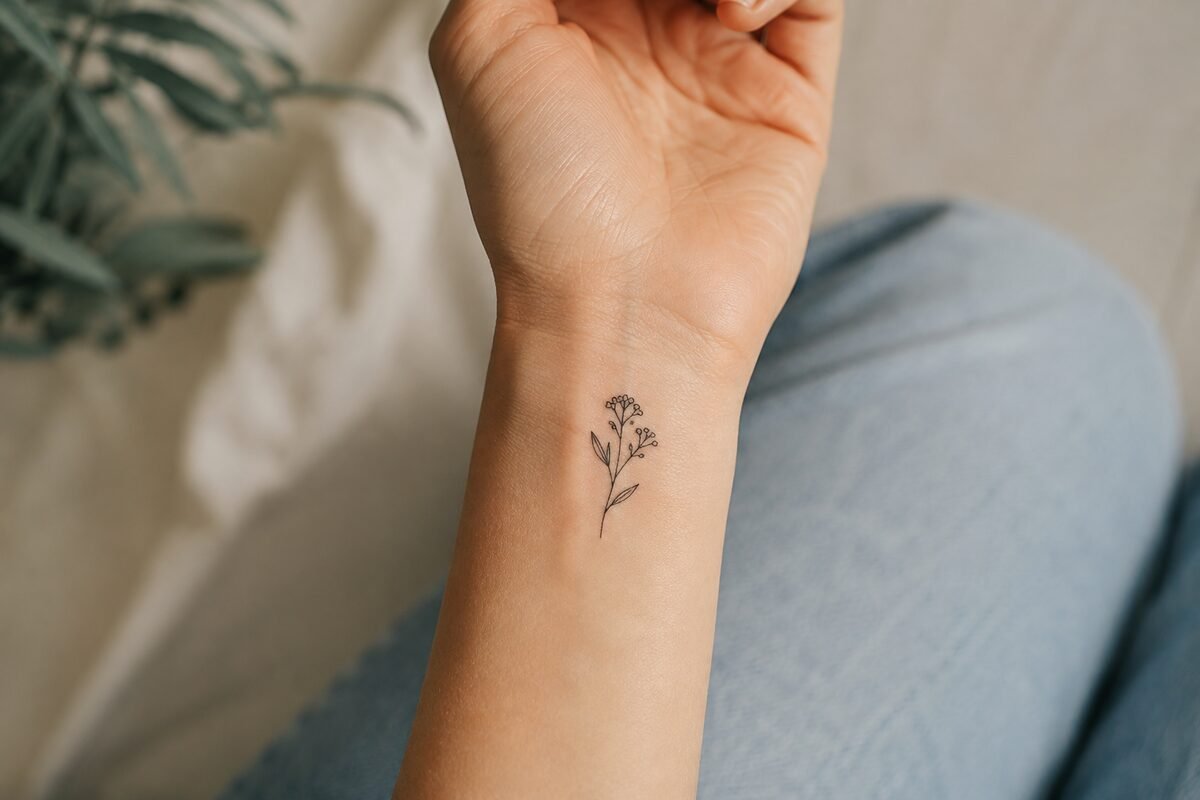 Wrist tattoo aftercare showing healed fine-line design on inner wrist
